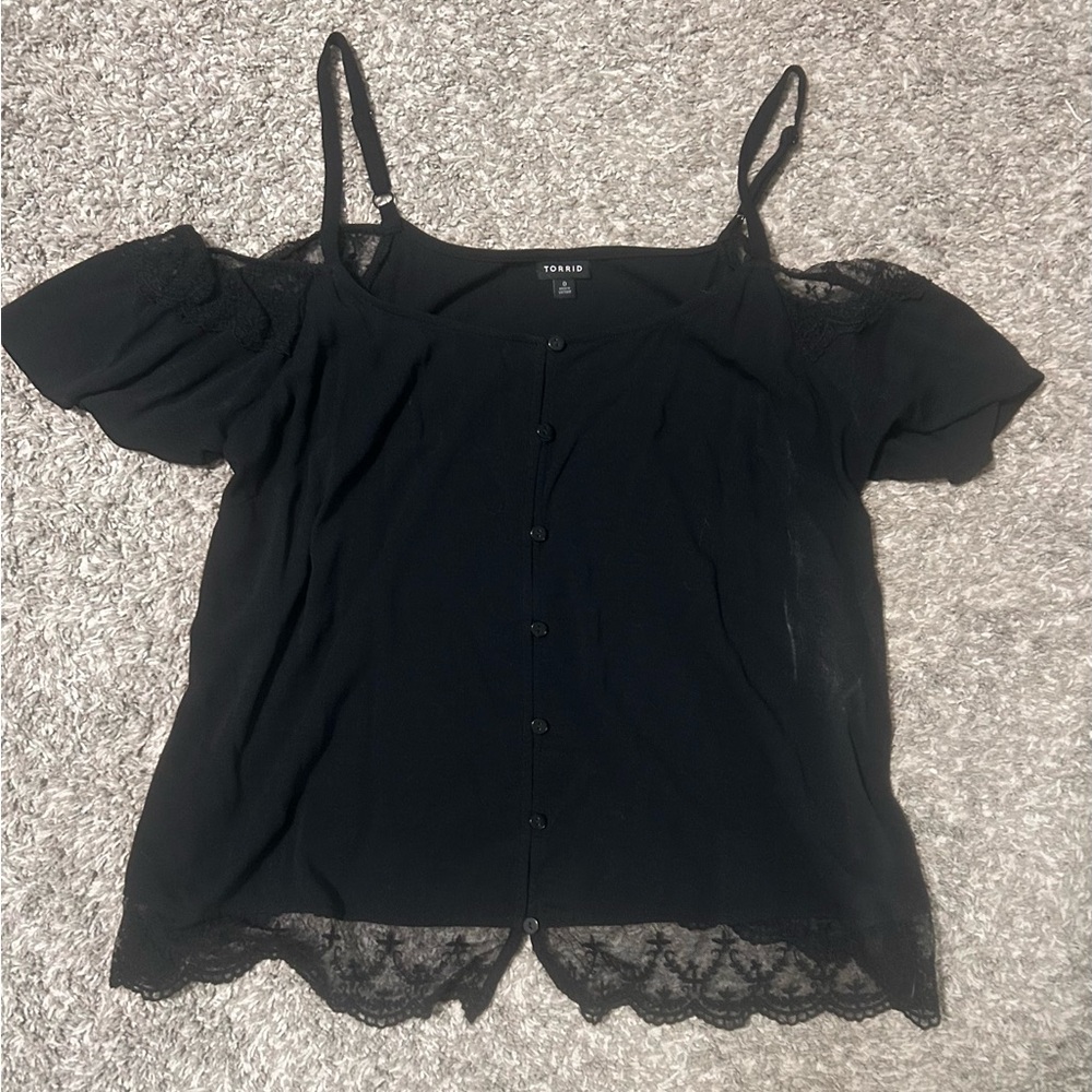 Torrid Black Button-Front Cold Shoulder Blouse